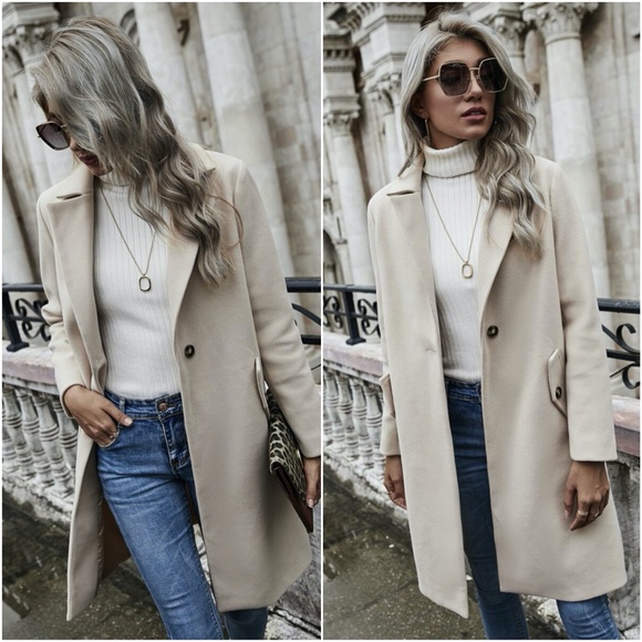 CREAM beige mid length trench pea coat jacket fall - Picture 2 of 3